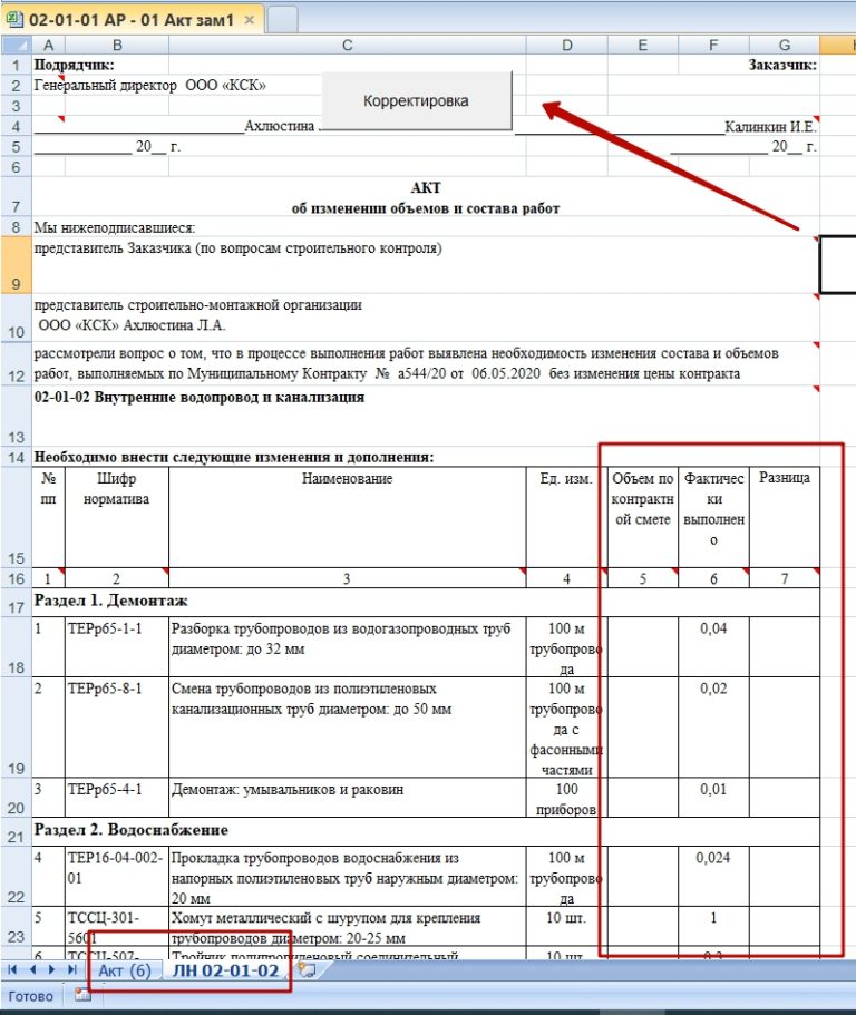 Акт объемов работ образец