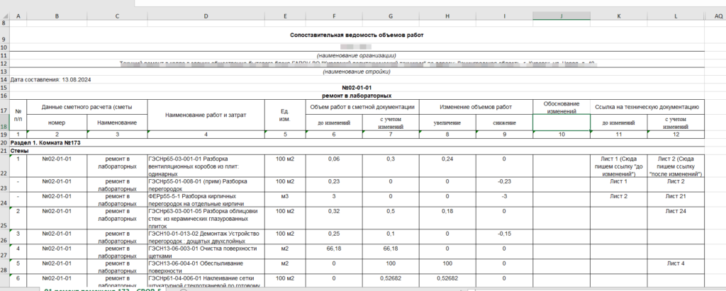 Сопоставительная ведомость объемов работ